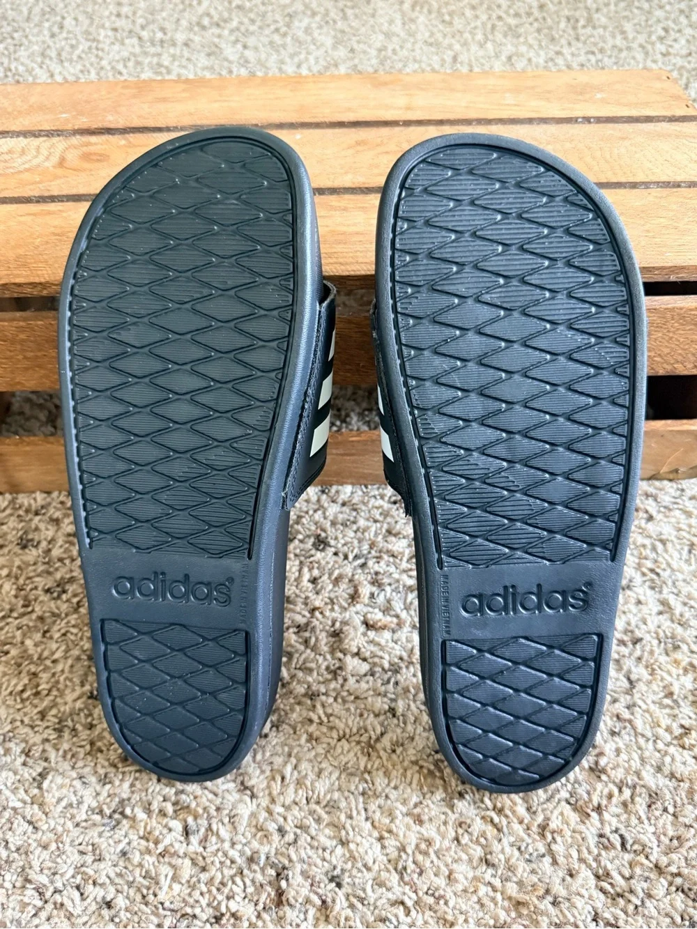adidas mens Black Slides with White Stripes